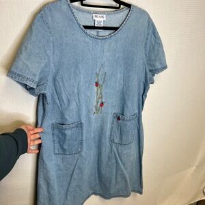 Blair Womens XL Ladybug Embroidered Denim Shift Dress Light Wash Cotton Pockets
